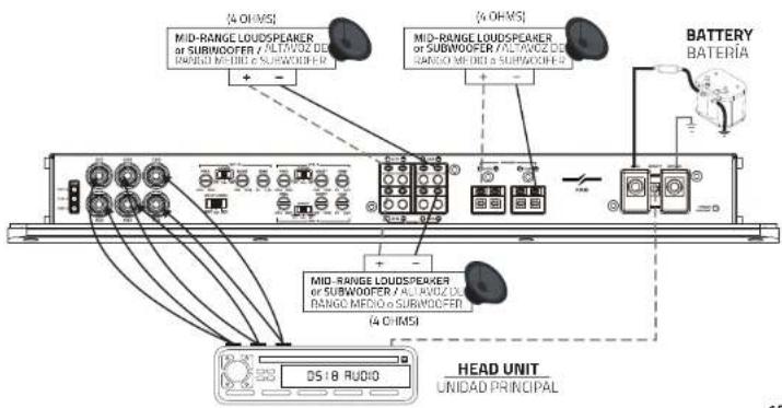 MID-RANGE LOUDSPEAKER or SUBWOOFER / ALTAVOZ DE BANGO MEO + SUBWOOFER (4 OHMS) MID-RANGE LOUDSPEAKER or SUBWOOFER / ALTAVOZ DE BANGO MEO + SUBWOOFER (4 OHMS) BATTERY BATERIA MID-RANGE LOUDSPEAKER or SUBWOOFER / ALTAVOZ DE BANGO MEDIO + SUBWOOFER (4 OHMS) HEAD UNIT UNIDAD PRINCIPAL 05:18 AUDIO