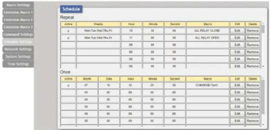 Macro Settings Extension Macro 1 Extension Macro 2 Extension Macro 3 Command Settings Schedule Settings Network Settings System Settings Time Settings Schedule Repeat Active Weekly Hour Minute Second Macro Edit Delete v Mon,Tue,Wed,Thu,Fri 10 30 00 ALL RELAY CLOSE Edit Remove v Mon,Tue,Wed,Thu,Fri 1…