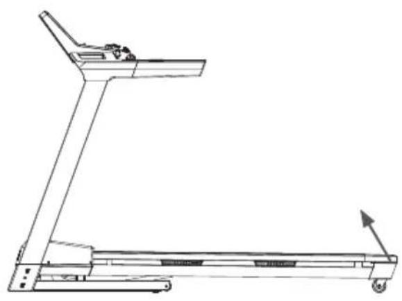 Line drawing of a treadmill with a side-mounted frame and wheels, no text or symbols present