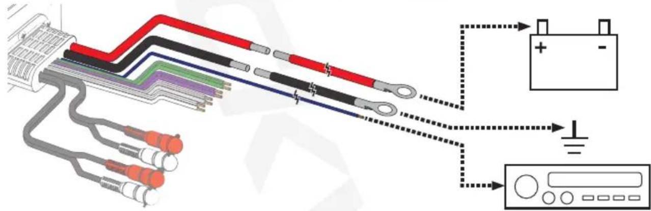 Diagram showing connections between a power connector, multimeter cables, and a battery with grounding symbol.