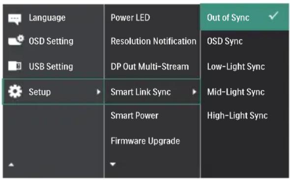 Language OSD Setting USB Setting Setup Power LED Resolution Notification DP Out Multi-Stream Smart Link Sync Smart Power Firmware Upgrade Out of Sync ✓ OSD Sync Low-Light Sync Mid-Light Sync High-Light Sync