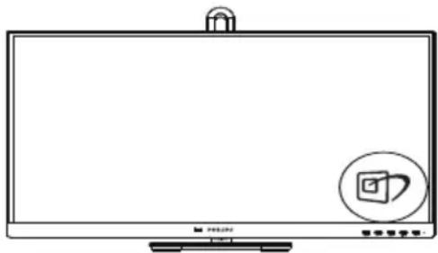 Line drawing of a flat-screen monitor with a circular icon containing a stylized 'D' symbol (no text or labels)