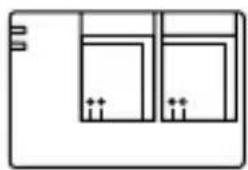 Simple line drawing of a rectangular room with two windows and three side handles (no text or symbols)