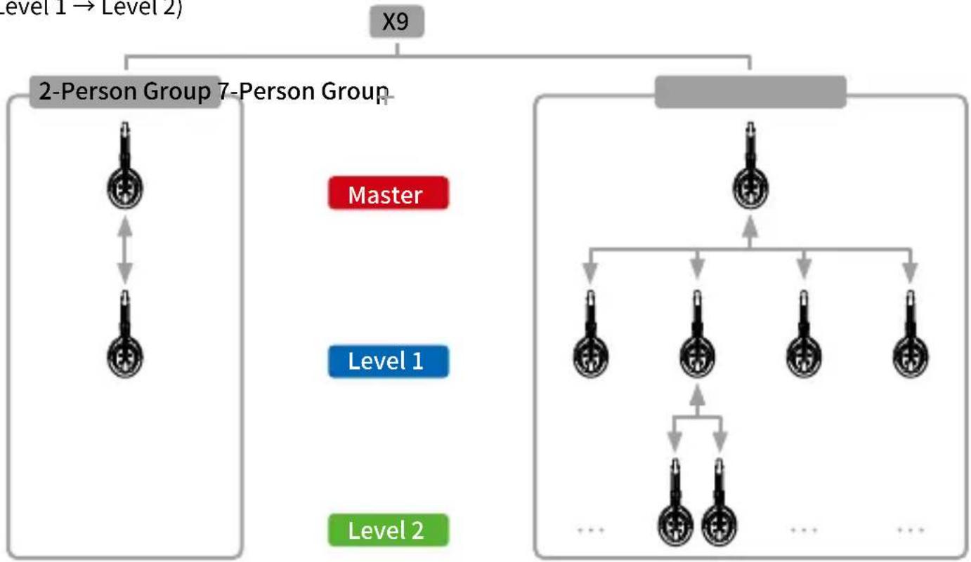 graph TD A["X9"] --> B["2-Person Group 7-Person Group"] B --> C["Master"] B --> D["Level 1"] B --> E["Level 2"] B --> F["..."] B --> G["..."]