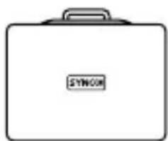 Simple line drawing of a white briefcase with a handle and 'SYNCON' label on the front face (no other text or symbols)