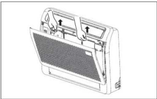 Line drawing of a device with hands operating the top panel and a mesh cover, showing internal structure (no text or symbols)