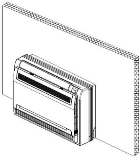 Technical line drawing of a wall-mounted air conditioner unit with brick facade (no text or symbols)