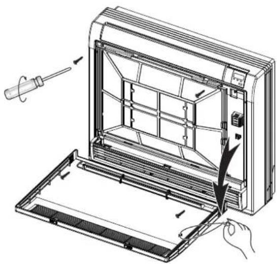 Technical line drawing of an air conditioner unit with a hand inserting a screwdriver into the opening (no text or symbols present)