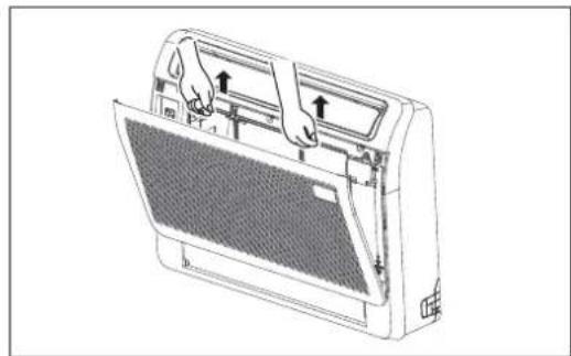 Line drawing of a device with hands installing or adjusting a panel, showing no text or symbols