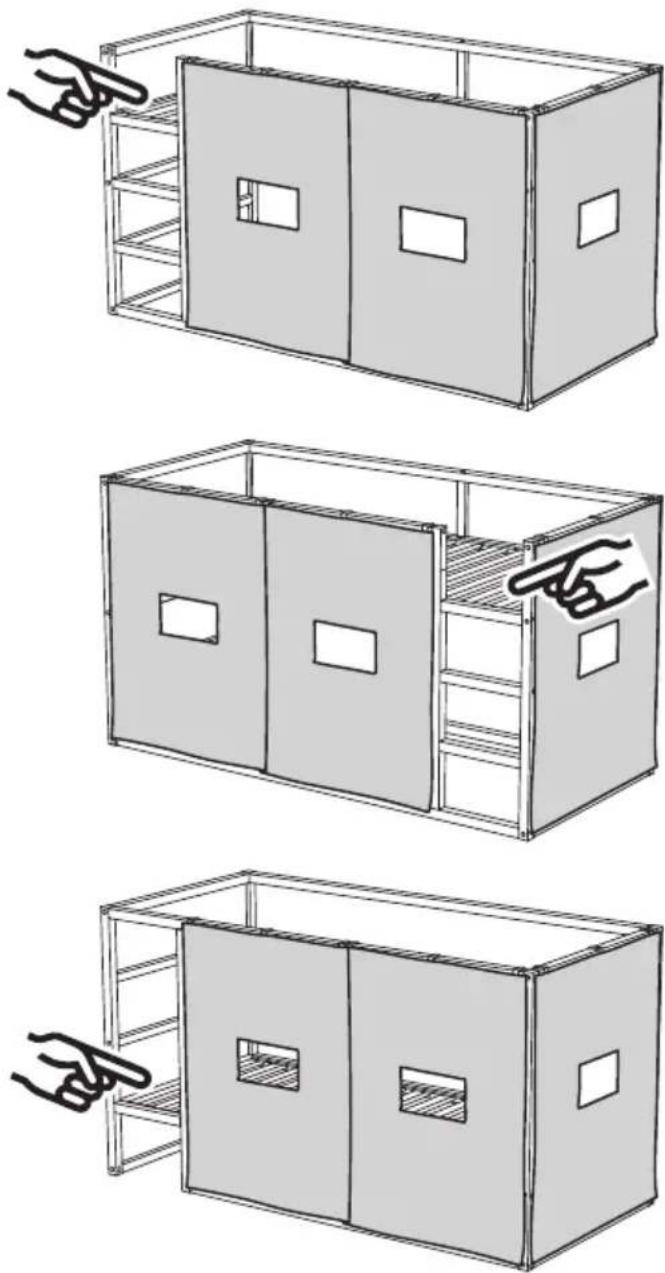 Trois dessins techniques au trait d'une cuisine ou d'un meuble de rangement modulaire avec des armoires et des compartiments de rangement (sans texte ni symboles)
