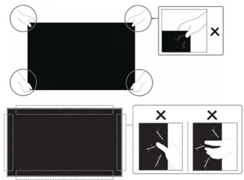 Diagram illustrating hand gesture application on a black rectangular object, with magnified views showing stress or damage before and after application.