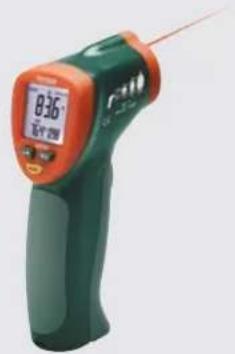 Green and orange handheld thermometer with a digital display showing 8:36, no visible text or symbols on the device itself.