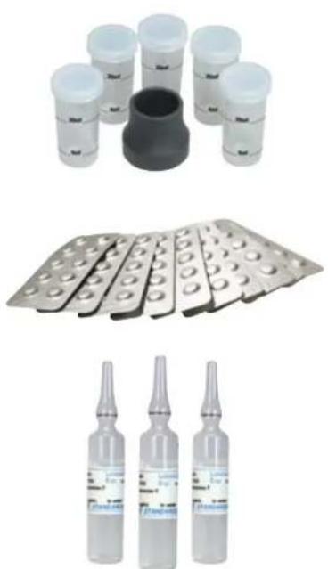 Three-panel image showing laboratory vials: a plastic cup with cap, a black plastic container, and three clear vials with labels (no readable text or symbols)