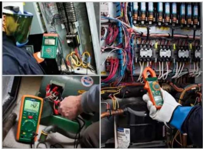 Four-panel collage showing workers in protective gear testing electrical equipment: inspecting components, inspecting multimeters, and holding a clamp (no visible text or symbols)