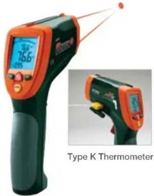 Exterior view of a Type K Thermometer device with digital display and orange/red control panel (no text or symbols on main body)