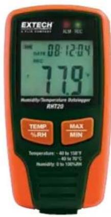 EXTECH A FILL COMETER ALSN REC 08:12:04 DATE REC 7.79 Humidity: Temperature DefHpger RHT20 TEMP %RH MAX MIN Temperature: -40 to 100°F -40 to 70°C Humidity: 0 to 100%RH