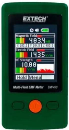 EXTECH® Magnetic Field 4834 mG 240.2 V 244.0 V 400.2 Electric Field 1435 V/m RF Strength 10.88 V/m Hold Menu Multi-Field EMF Meter EMF450