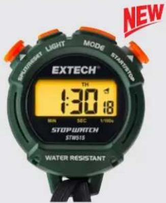 SPOTLIGHT LIGHT MODE STARTSTOP EXTECH® TH 1:30 18 MIN SEC 1/1996 STOPWATCH STWS15 WATER RESISTANT NEW