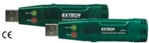 Two green USB devices labeled 'EXTECH' with red indicator lights, no visible text or symbols on the devices themselves.