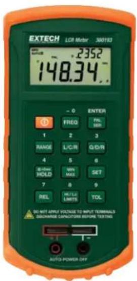 EXTECH LCR Meter: 360193 2352 148.34 - + - FREQ 1 RANGE 4 G-HOLD 7 REL DO NOT APPLY VOLTAGE TO INPUT TERMINALS DISCHARGE CAPSICUM BEFORE TESTING ENTER FIL SER Q/D/R G/D SET TOL AUTO-POWER OFF