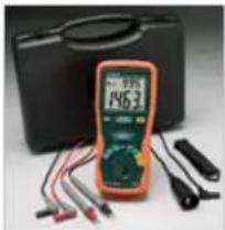 Digital multimeter displaying 1463 with test probes and a black case in the background (no visible text or symbols on main subject)