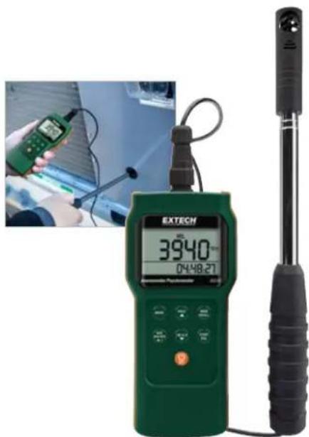 Exterior view of a green EXTECH digital thermometer and a black tripod, with an inset photo showing a handheld device (no visible text or symbols on main components)