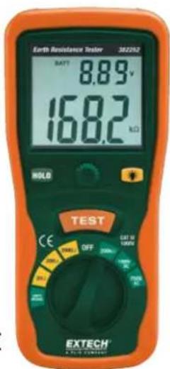 Earth Resistance Tester 382252 BATT 8.89 V 168.2 kΩ HOLD TEST CE OFF OFF EXTECH A FLU CONTAIN