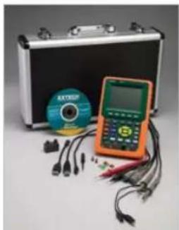 Exterior view of a silver hardcover case with an orange oscilloscope and electronic test equipment, no visible text or symbols.