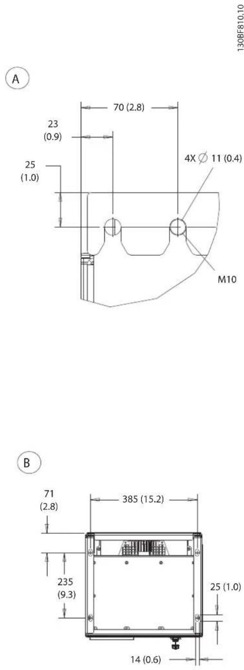 A 23 (0.9) 25 (1.0) 70 (2.8) 4X Ø 11 (0.4) M10 B 71 (2.8) 385 (15.2) 235 (9.3) 25 (1.0) 14 (0.6) 130BF810.10