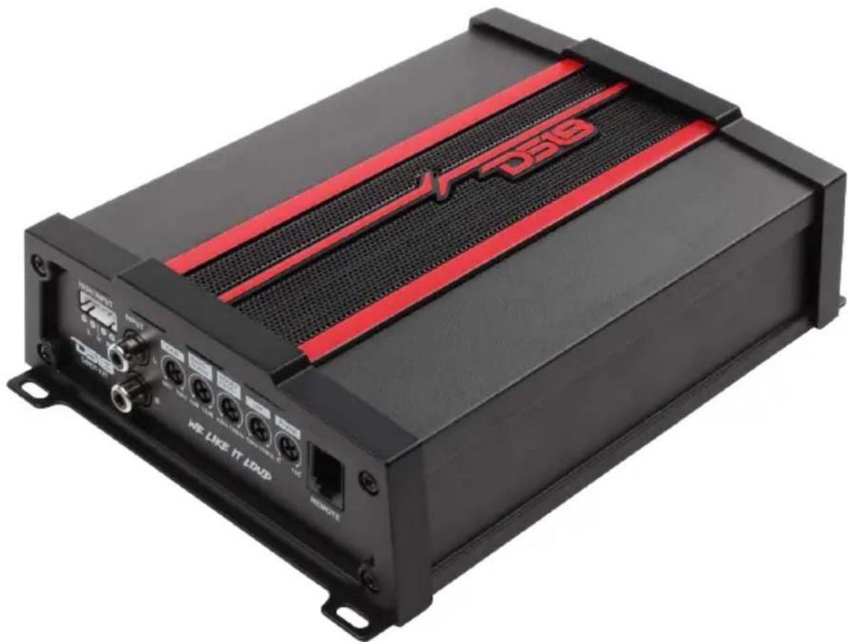 Exterior view of a black VDSG audio amplifier module with red and black stripes (no visible text or symbols on body)
