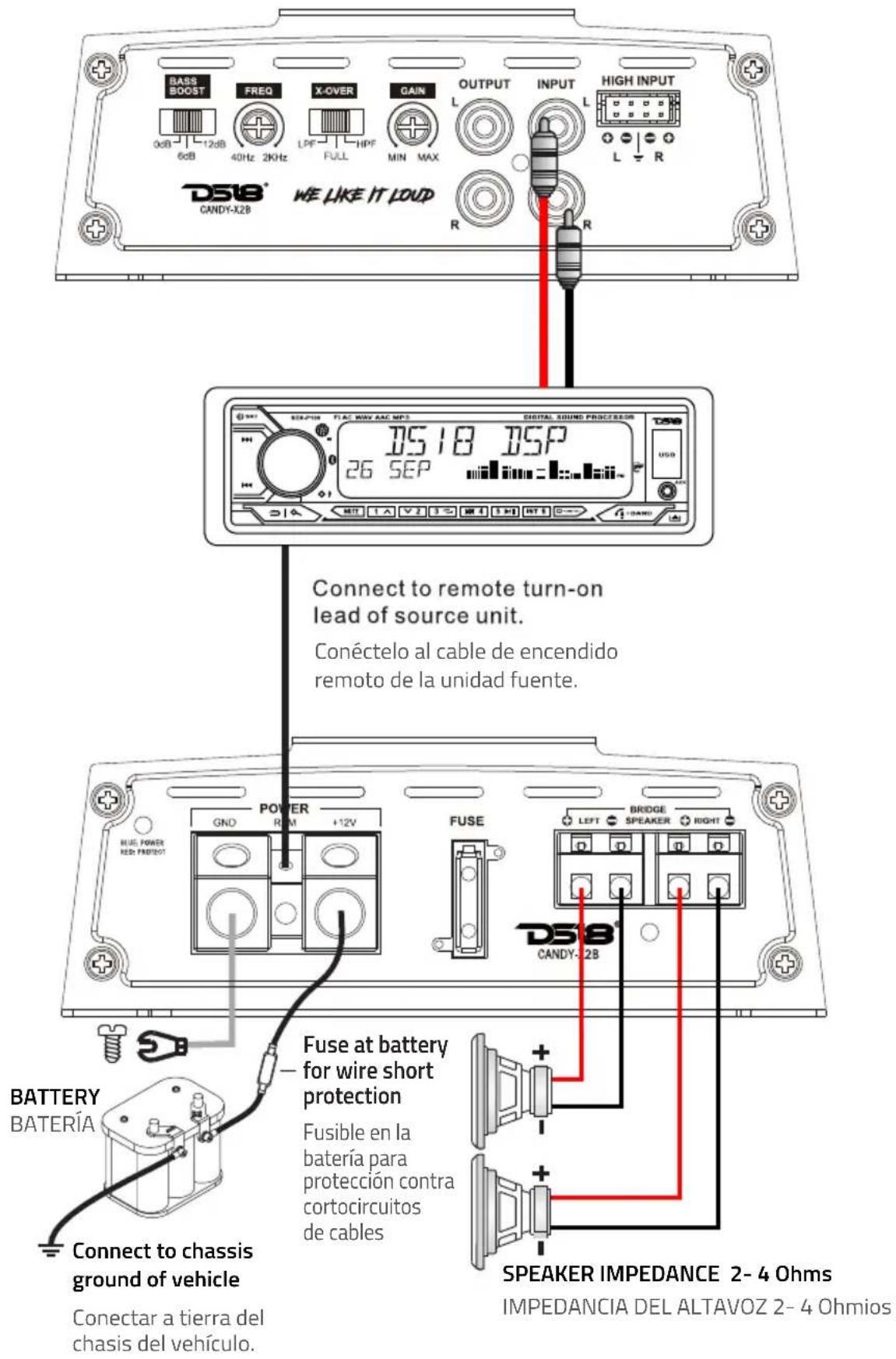 BASS BOOST 0dB 12dB 6dB FREQ 40Hz 2KHz X-OVER LPF FULL HPF MIN MAX GAIN OUTPUT INPUT HIGH INPUT L L L R DS18 CANDY-X28 WE LIKE IT LOUD R Connect to remote turn-on lead of source unit. Conéctelo al cable de encendido remoto de la unidad fuente. Digital SOUND PROCESSOR DS18 26 SEP BATTERY BATERÍA Conn…