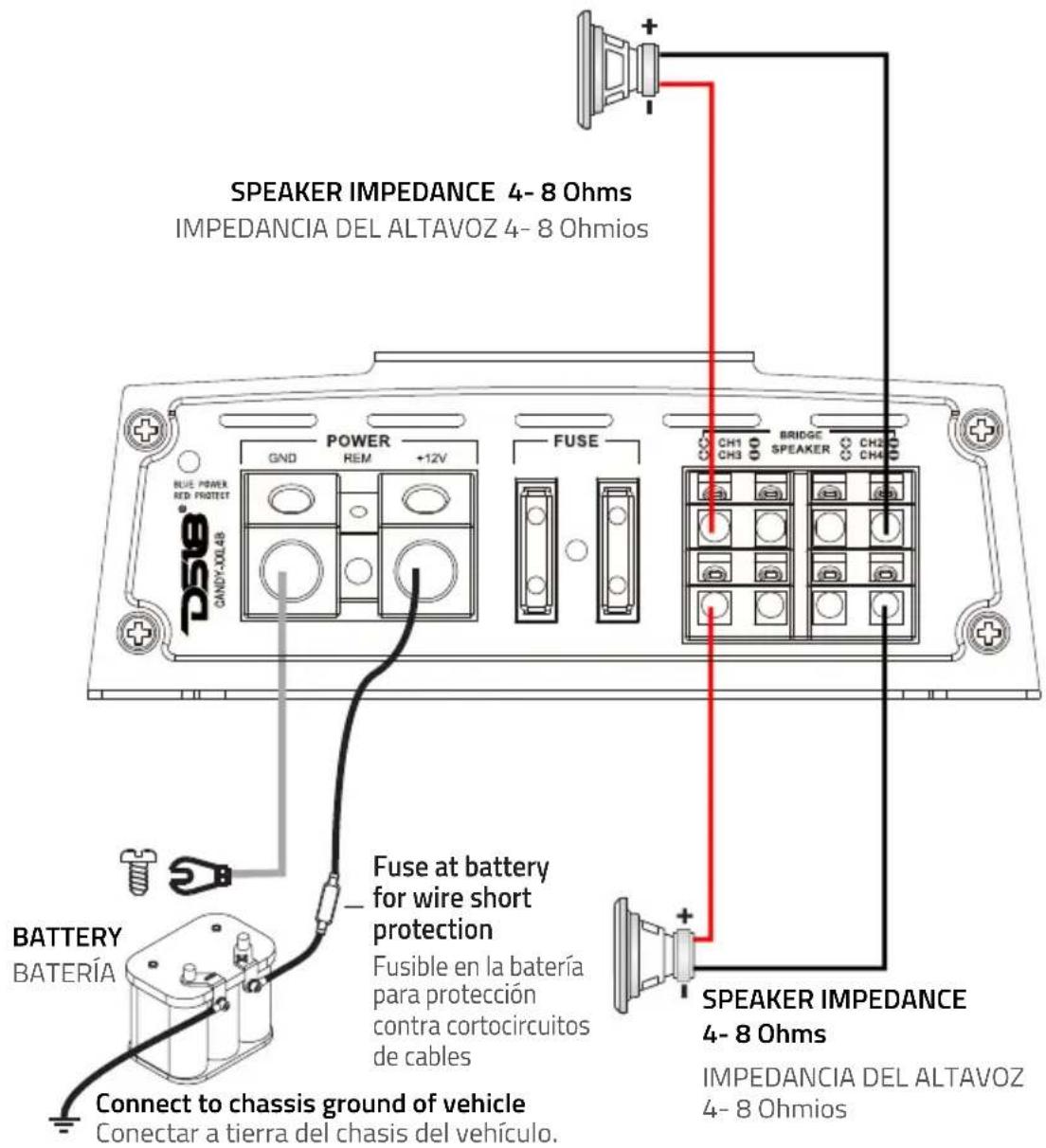 SPEAKER IMPEDANCE 4-8 Ohms IMPEDANCIA DEL ALTAVOZ 4-8 Ohmios BLUE POWER RED PROTECT GNDY-00L48 BATTERY BATERÍA Connect to chassis ground of vehicle Conectar a tierra del chasis del vehículo. FUSE at battery for wire short protection Fusible en la batería para protección contra cortocircuitos de cabl…