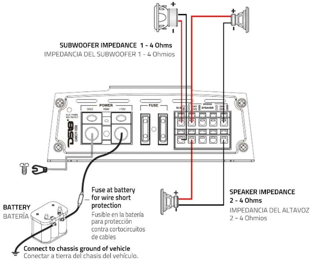 SUBWOOFER IMPEDANCE 1 - 4 Ohms IMPEDANCIA DEL SUBWOOFER 1 - 4 Ohmios BATTERY BATERÍA Connect to chassis ground of vehicle Conectar a tierra del chasis del vehículo. FUSE at battery for wire short protection Fusible en la batería para protección contra cortocircuitos de cables SPEAKER IMPEDANCE 2 - 4…