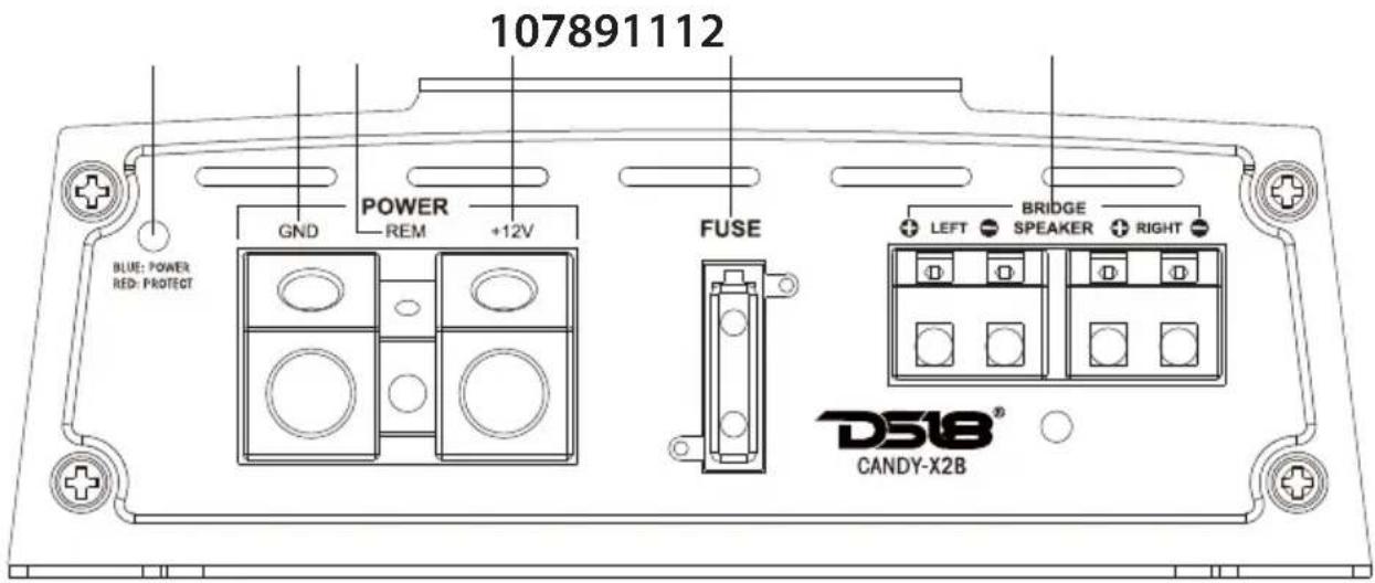 107891112 BLUE: POWER RED: PROTECT GND POWER REM +12V FUSE BRIDGE LEFT SPEAKER RIGHT DS18® CANDY-X2B