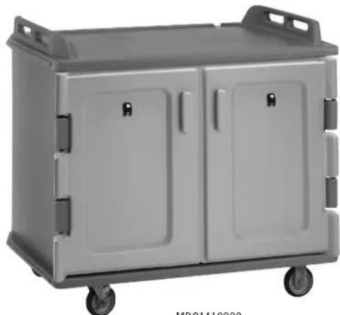 Exterior view of a gray multi-compartment logistics cart with wheels and doors (no text or symbols visible)