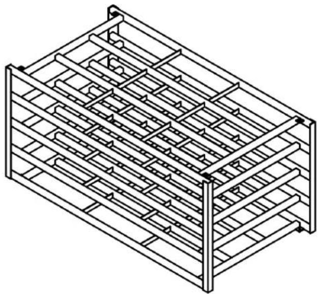 Isometric line drawing of a multi-tiered metal frame structure (no text or symbols)