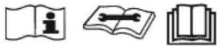 Three icon set: open book with 'i', open notebook with wrench, and closed book (no text or symbols)