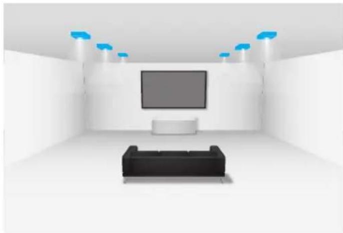 Interior view of a modern living room with a black sofa, TV, and blue ceiling lights (no text or symbols)