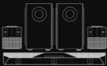 Diagram of a multi-tiered electronic device setup with speakers and front-mounted screens (no text or labels)