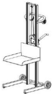 Line drawing of a mechanical lifting device with wheels and a handle (no text or symbols)