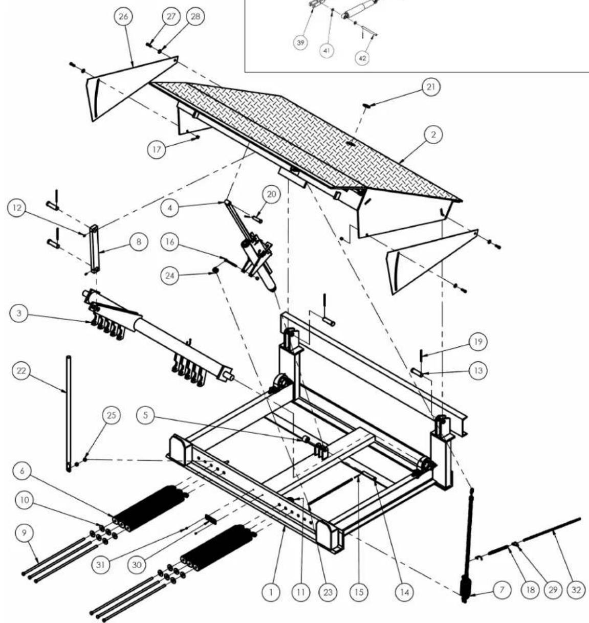 Technical schematic diagram of a mechanical assembly with numbered components and exploded view