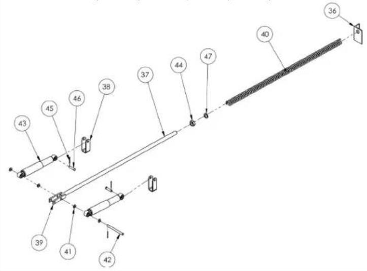 Technical diagram of a mechanical assembly with numbered components and directional arrows indicating motion or assembly.