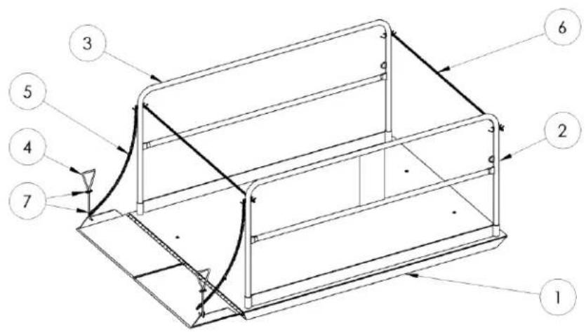 Technical diagram of a 3D mechanical part with numbered annotations indicating parts for assembly or identification.