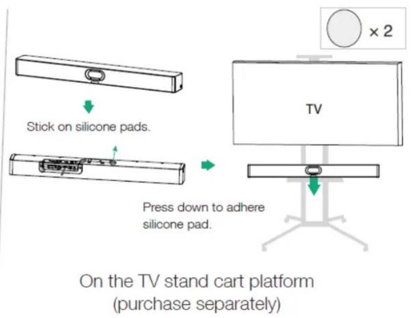 Stick on silicone pads. Press down to adhere silicone pad. On the TV stand cart platform (purchase separately)