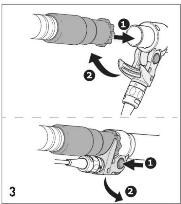 Technical diagram showing mechanical assembly steps with numbered annotations indicating component placement