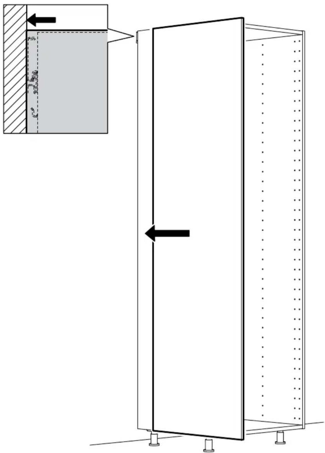 Technical diagram showing a door mechanism with labeled dimensions and directional arrows indicating movement or assembly.