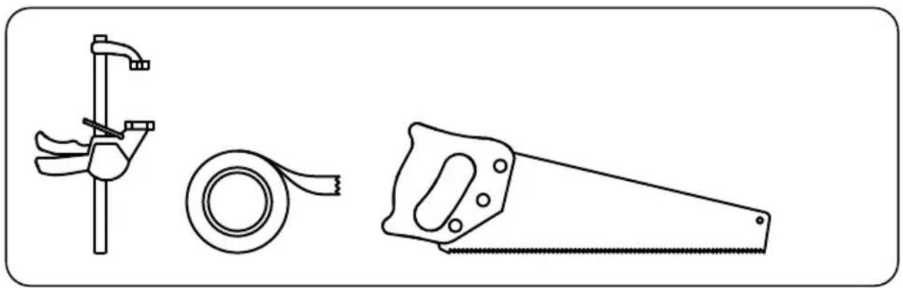 Line drawings of three different hand tools: a dial, a ring, and a triangular saw (no text or symbols)