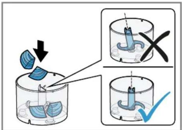 Diagram illustrating a procedure for handling a blue object in a container, with three steps showing removal, disassembly, and reassembly.