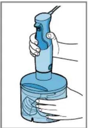Illustration of a hand holding a blue electric shaver with a handle.