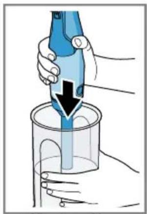 Illustration of a hand pouring liquid into a beaker with a downward arrow.